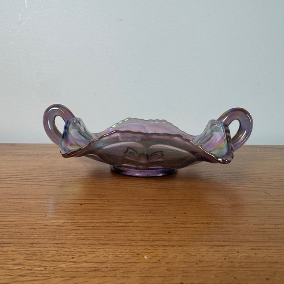 Fenton Iridescent Purple Carnival Glass Candy Dish with Handles Butterfly Rose - Picture 4 of 11